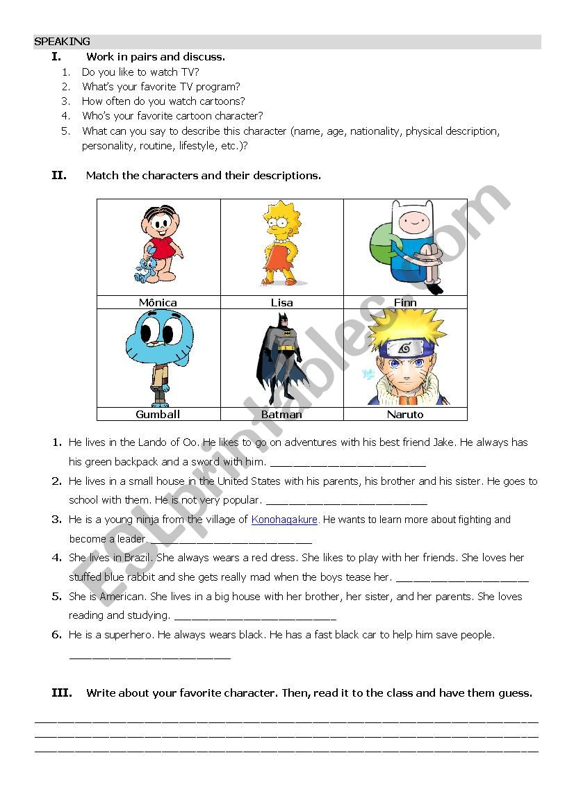 Cartoon characters worksheet