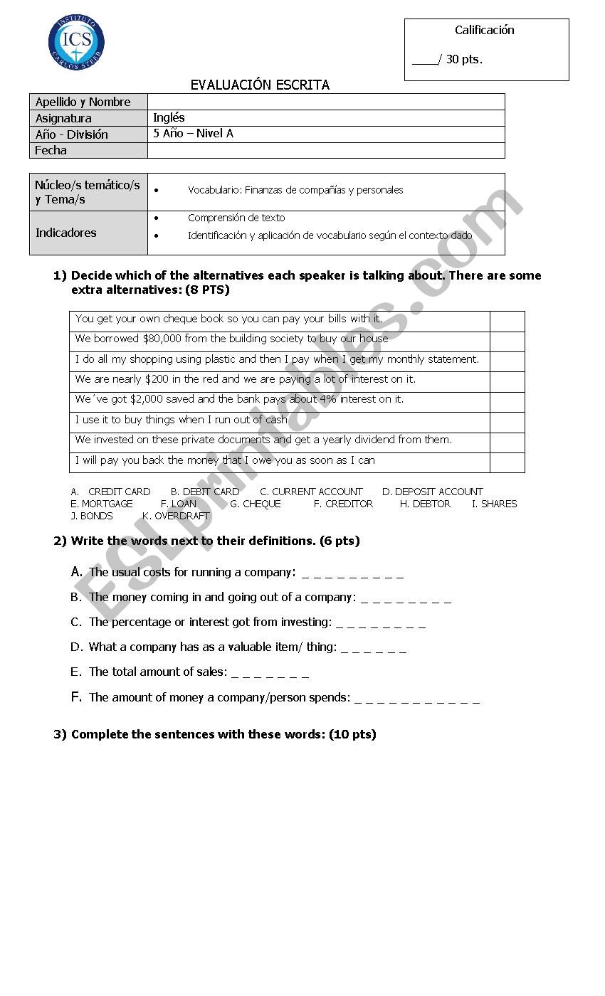 Company Finances Test worksheet