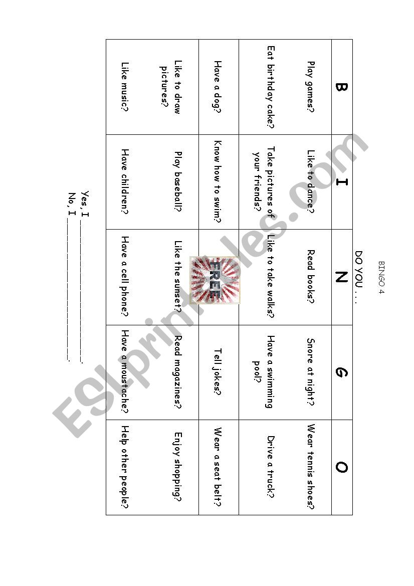 Bingo 4 worksheet