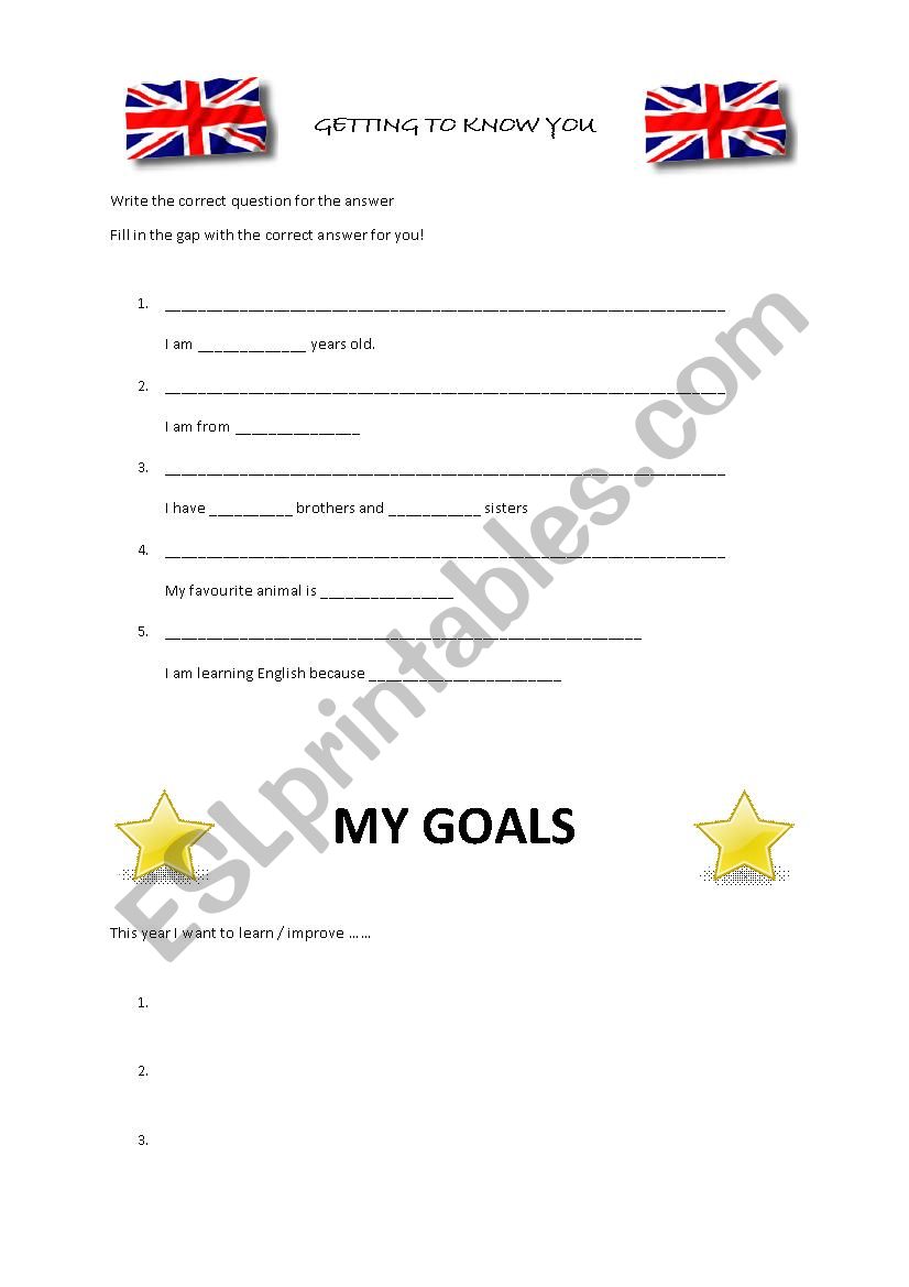 Getting to Know You & Goals  worksheet