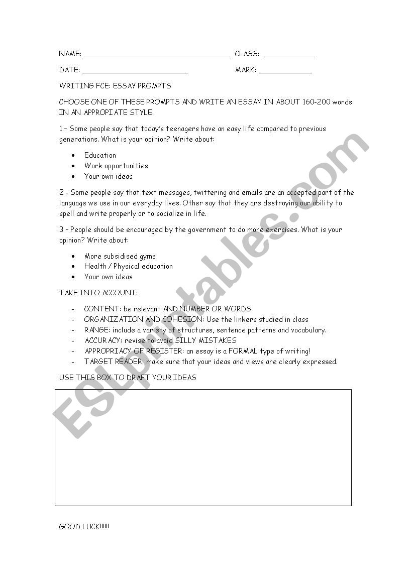 Opinion essay test  worksheet