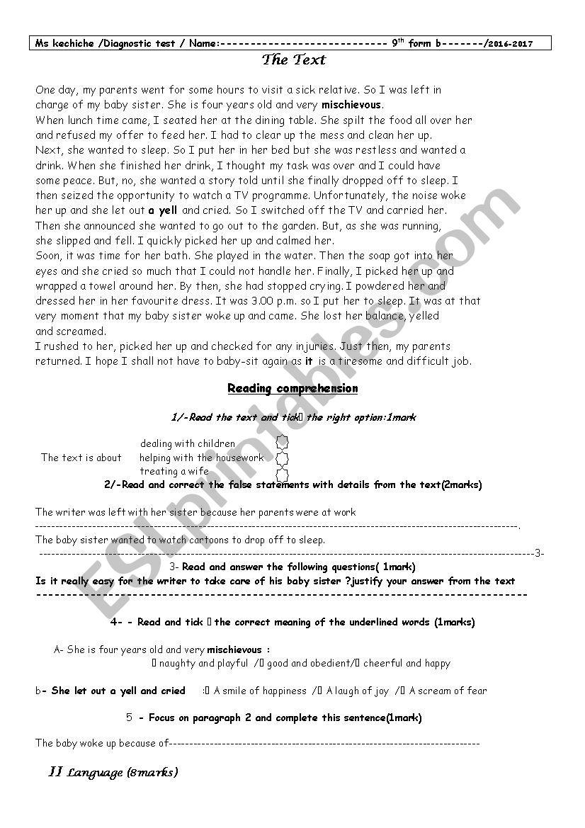 9th diagnostic test 2017 worksheet