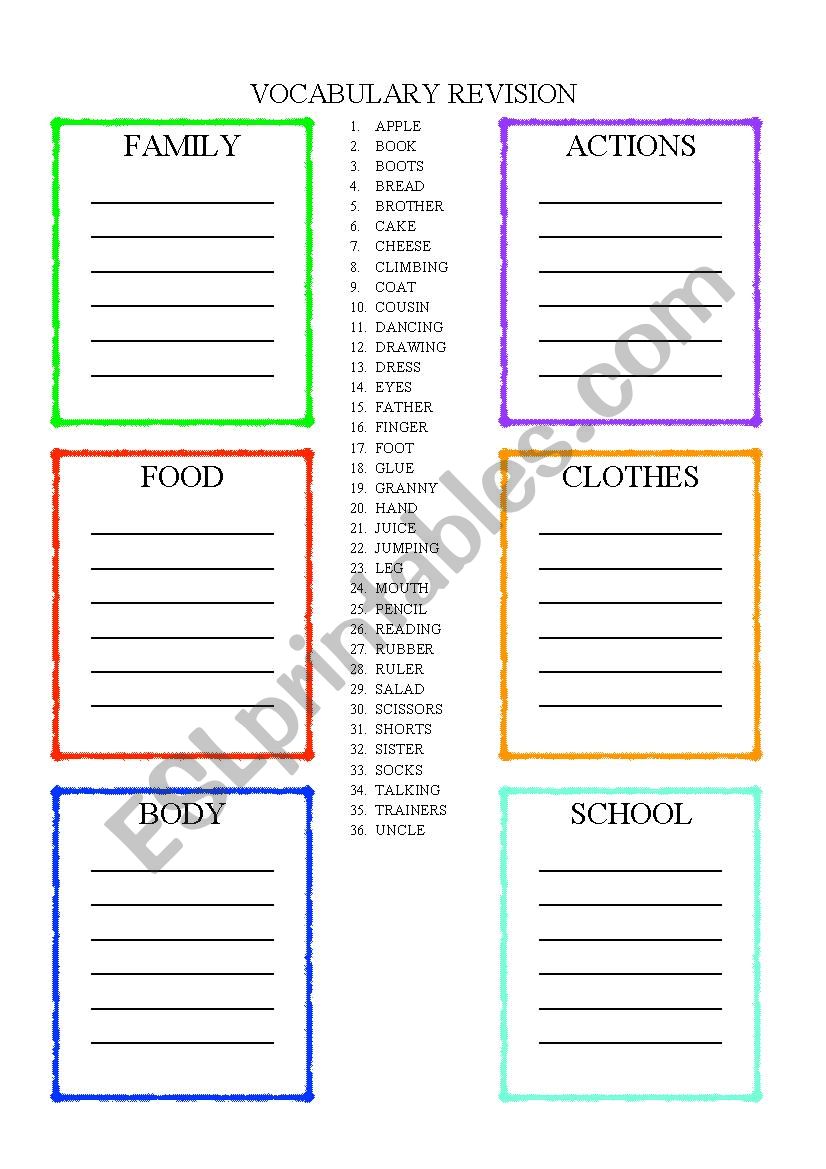 Vocabulary revision worksheet