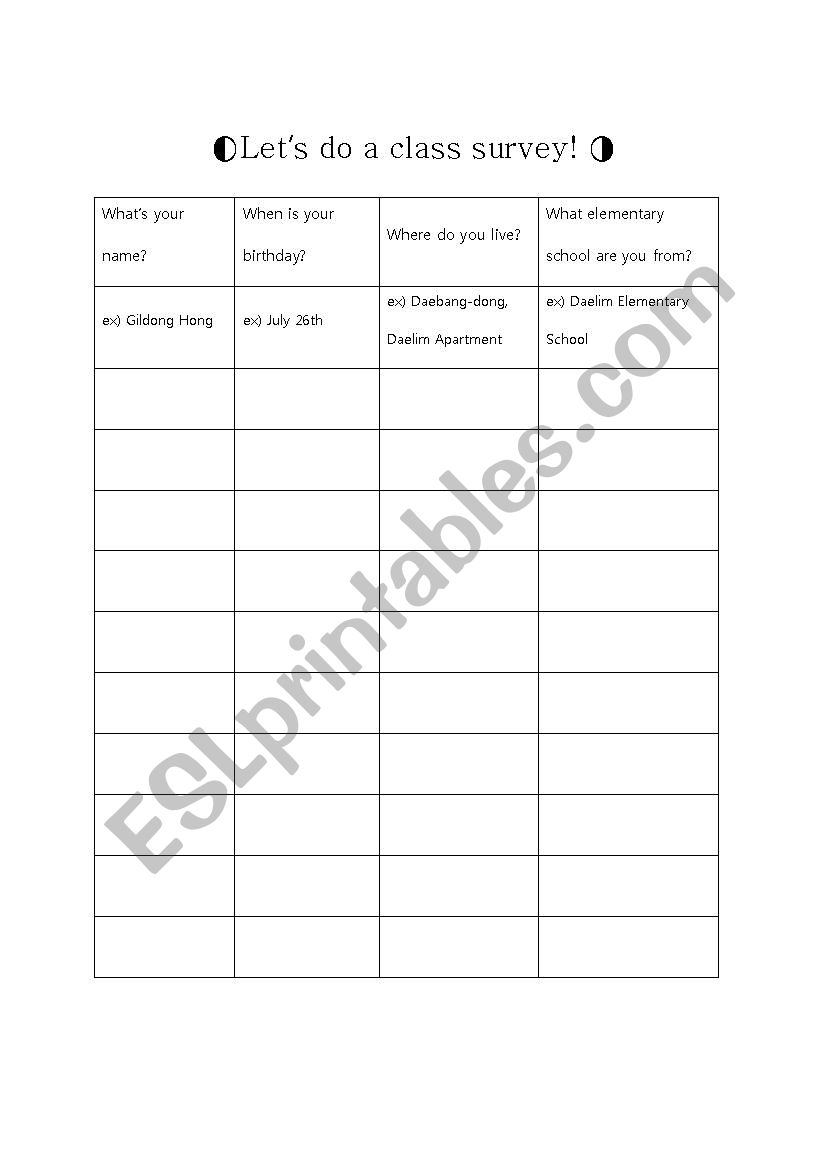 class survey worksheet