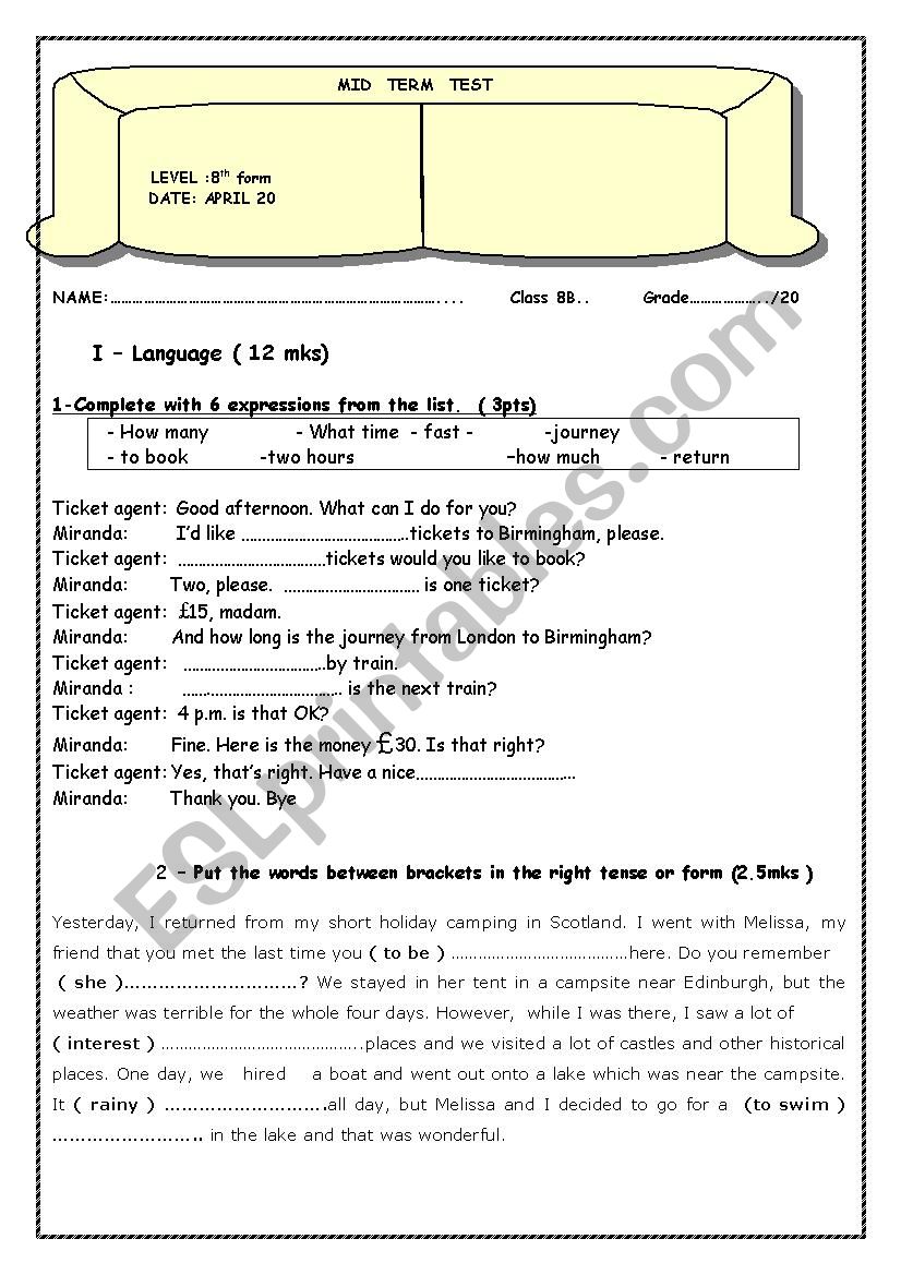 Mid term test 3 worksheet