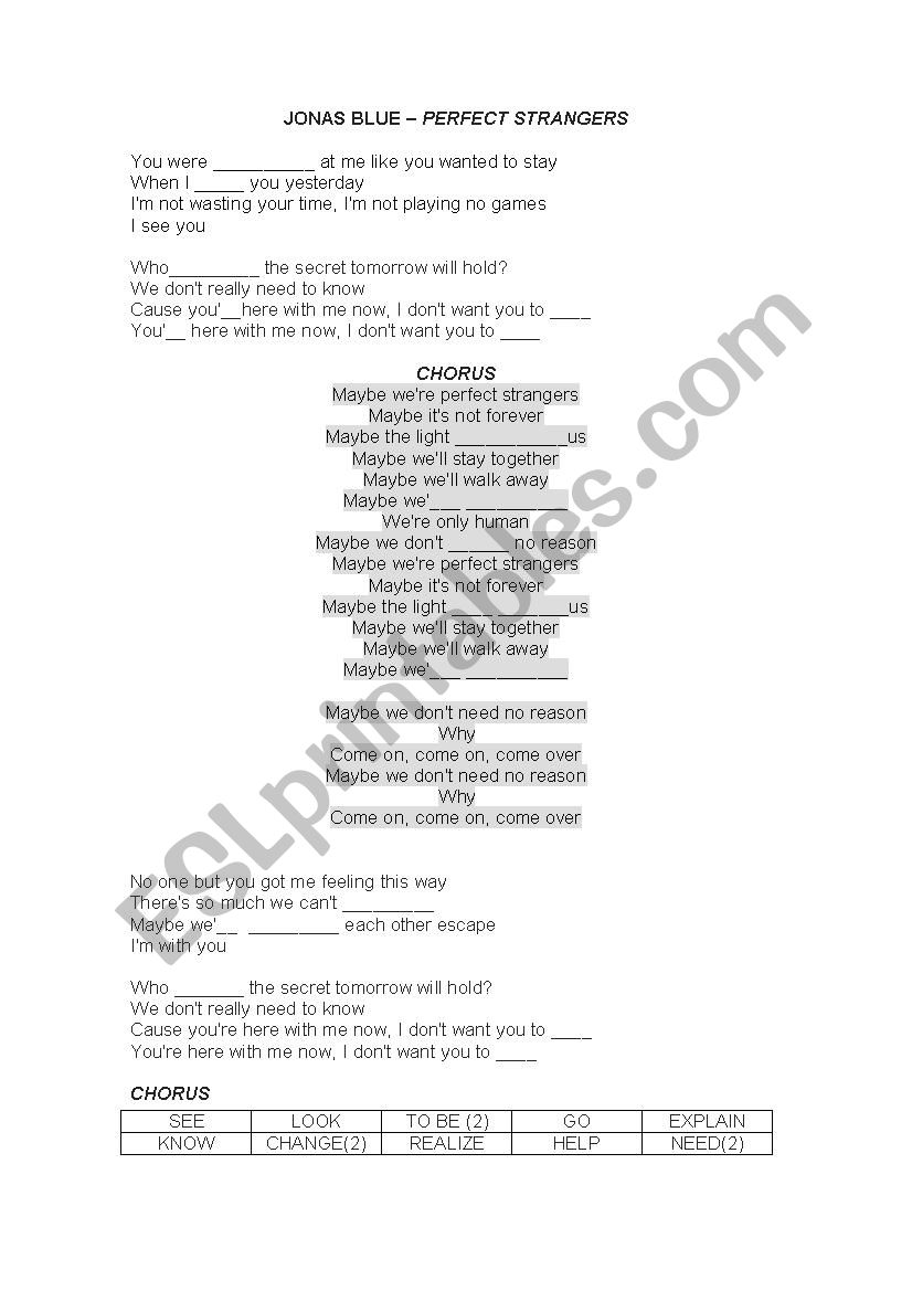 Perfect Strangers- Jonas Blue song s…: English ESL worksheets pdf