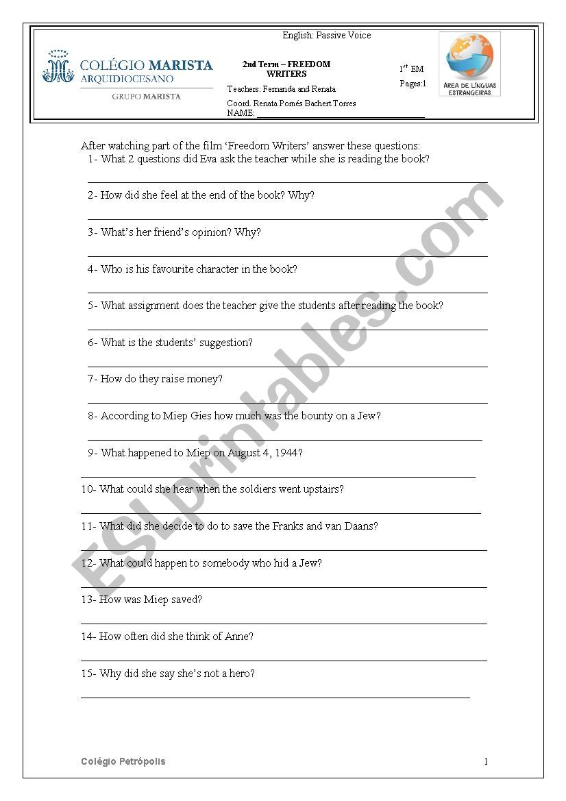 Freedom Writers worksheet