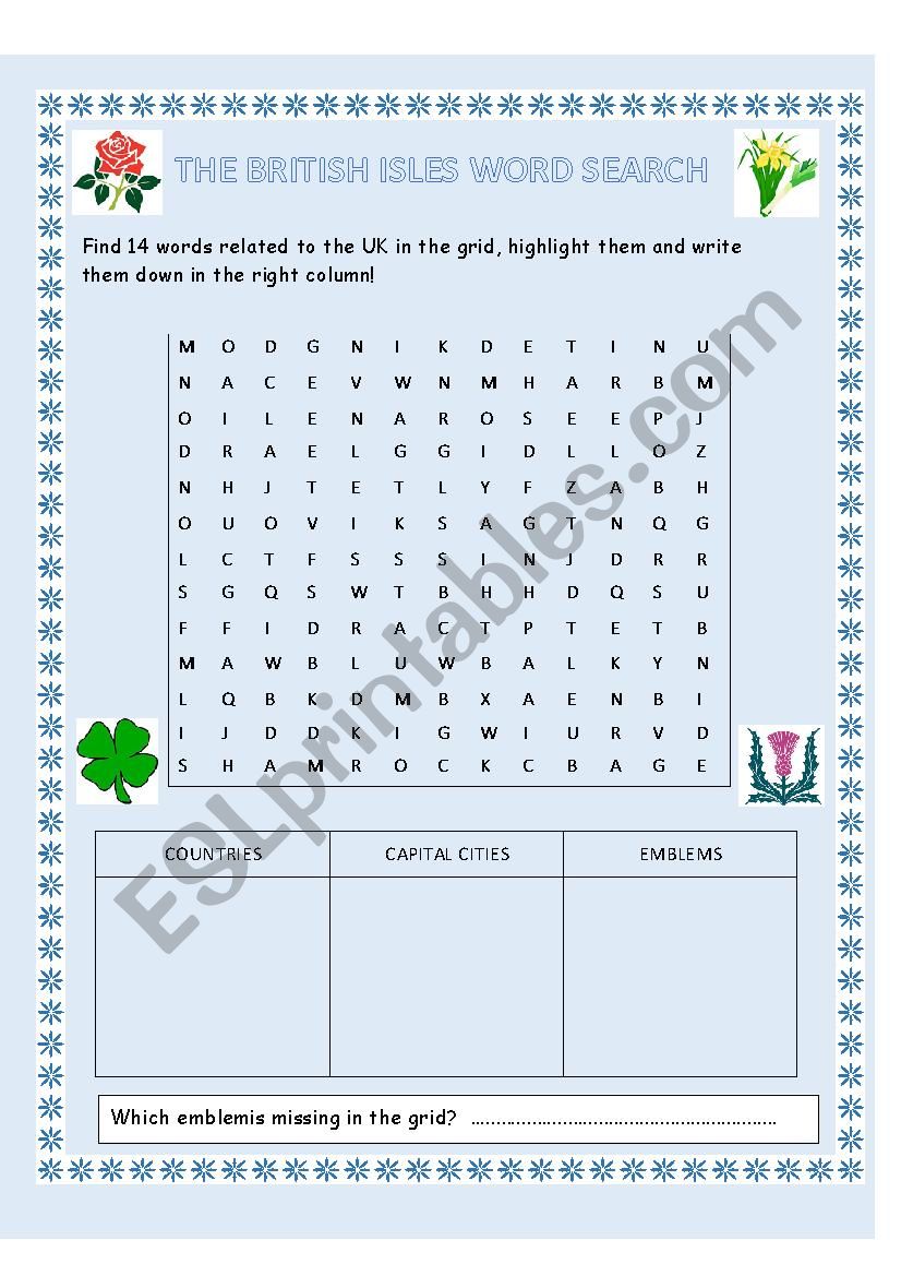 the British Isles word search worksheet