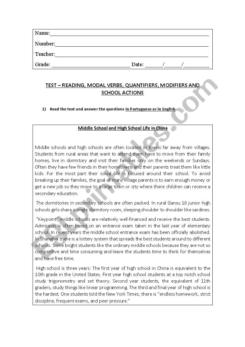 TEST  READING, MODAL VERBS, QUANTIFIERS, MODIFIERS AND SCHOOL ACTIONS