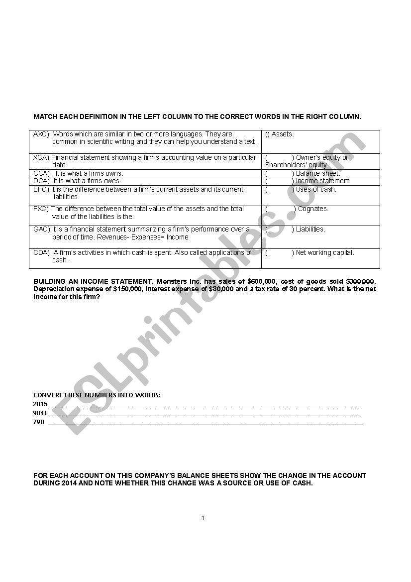 English Exam Accounting Terms Statement of Cash Flow
