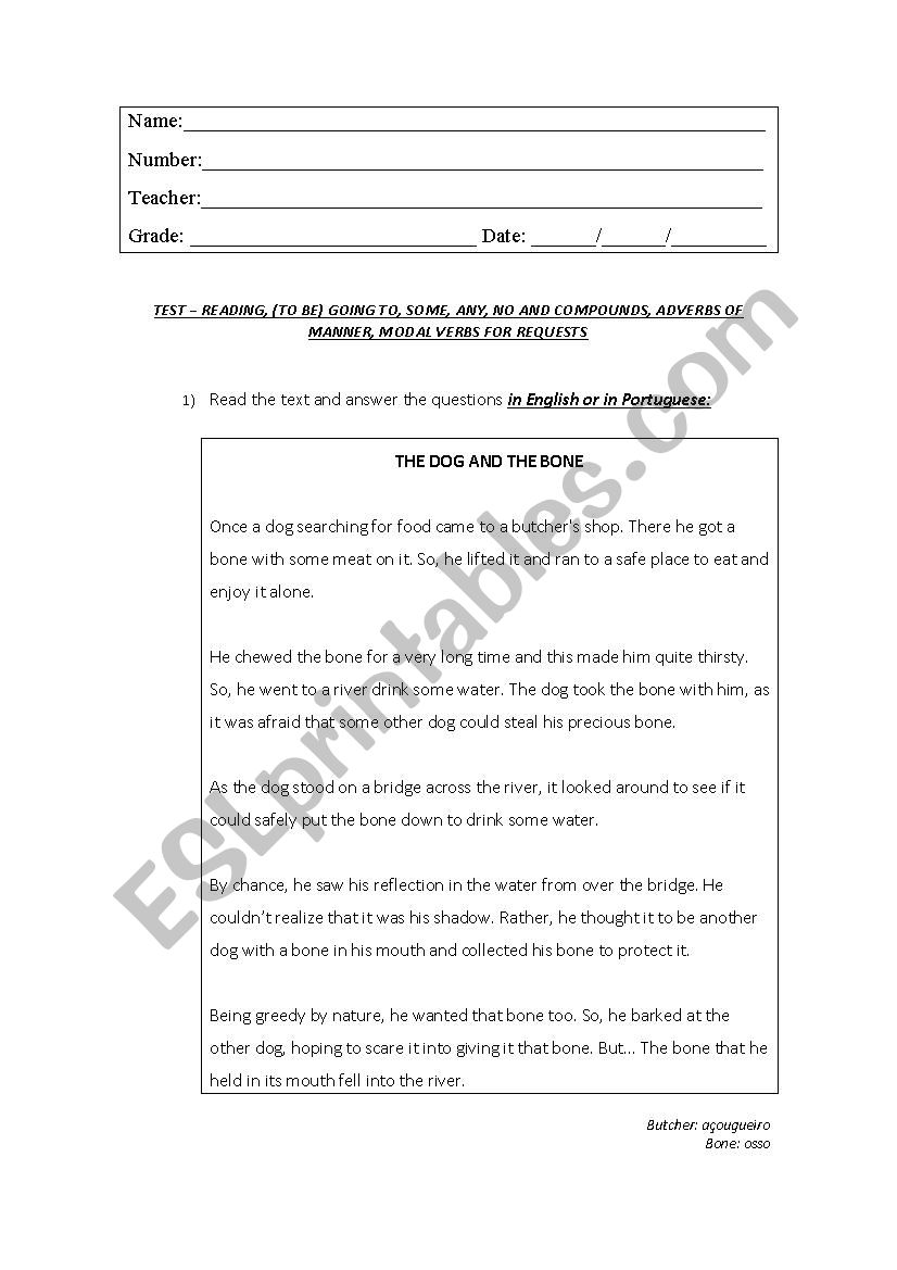 TEST â€“ READING, (TO BE) GOING TO, SOME, ANY, NO AND COMPOUNDS, ADVERBS OF MANNER, MODAL VERBS FOR REQUESTS