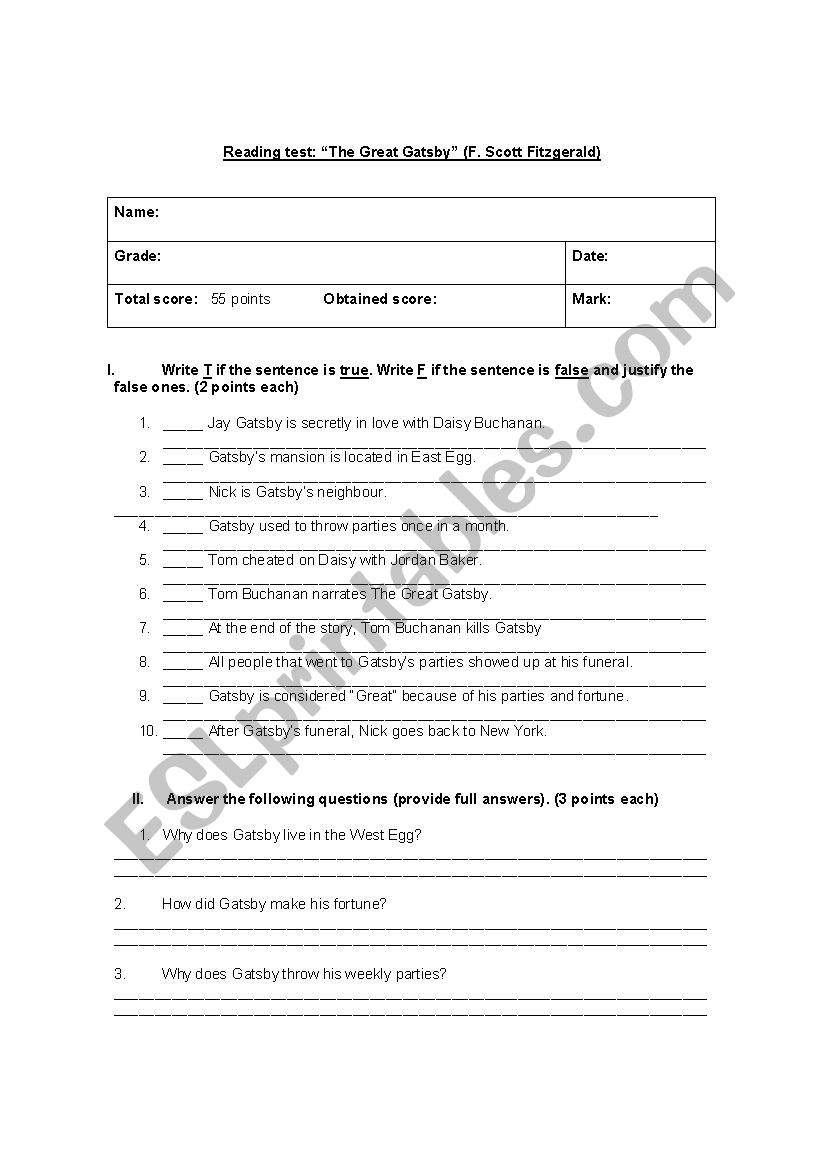 great gatsby worksheet