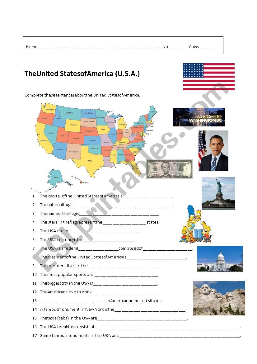 United States of America worksheet