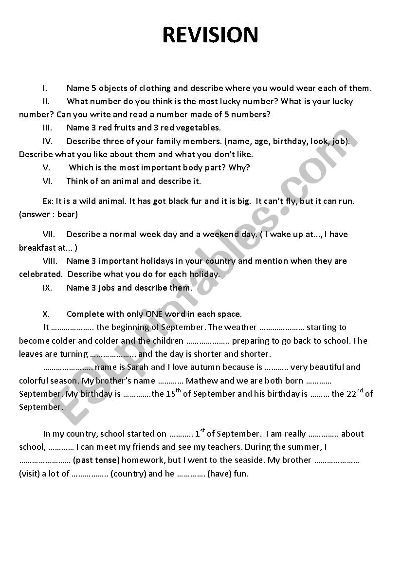 Revision for beginners worksheet