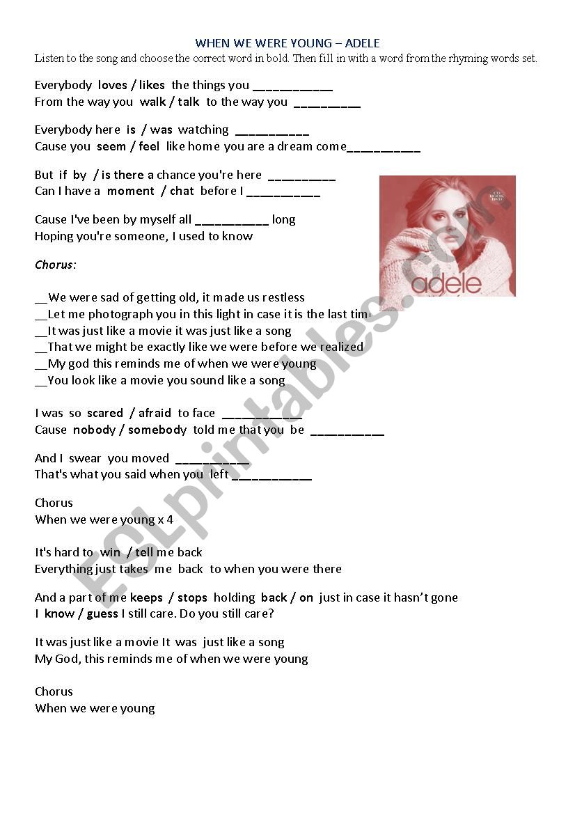 When we were young - ADELE worksheet