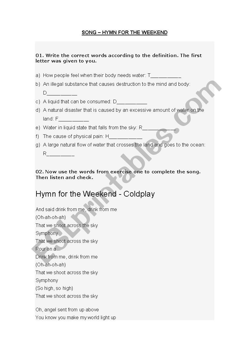 SONG - HYMN FOR THE WEEKEND worksheet