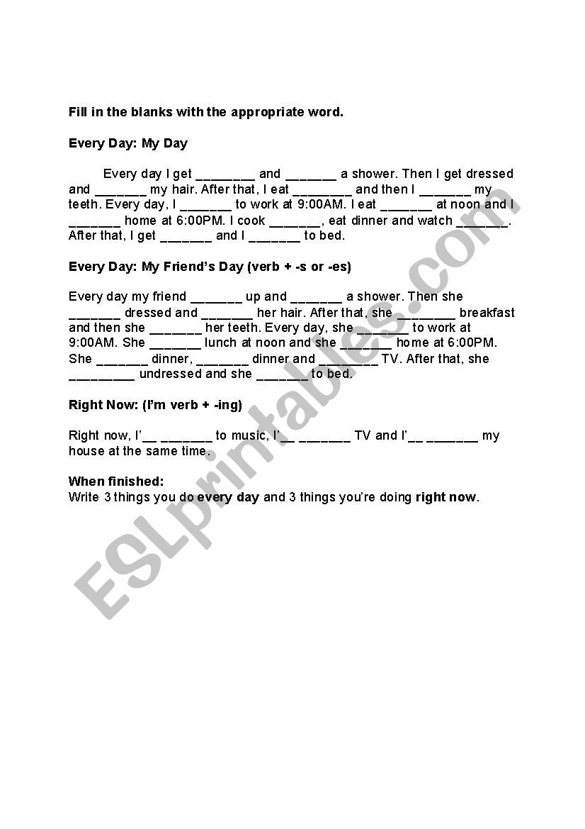 Pres Simple and Pres Continuous Fill in the Blank