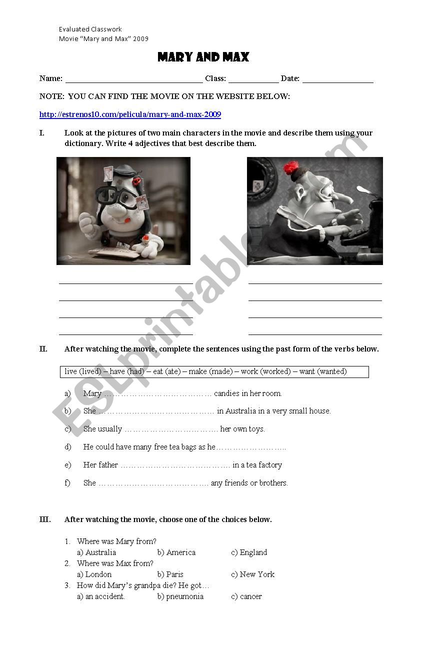 MARY AND MAX MOVIE CLASSWORK worksheet