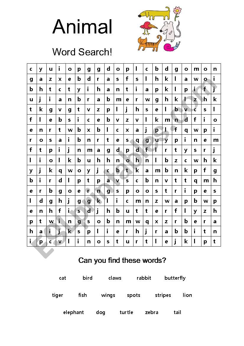 animal wordsearch worksheet