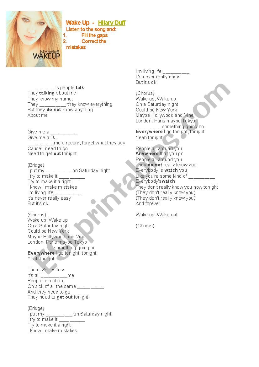 Wake Up - Hilary Duff Song Worksheet
