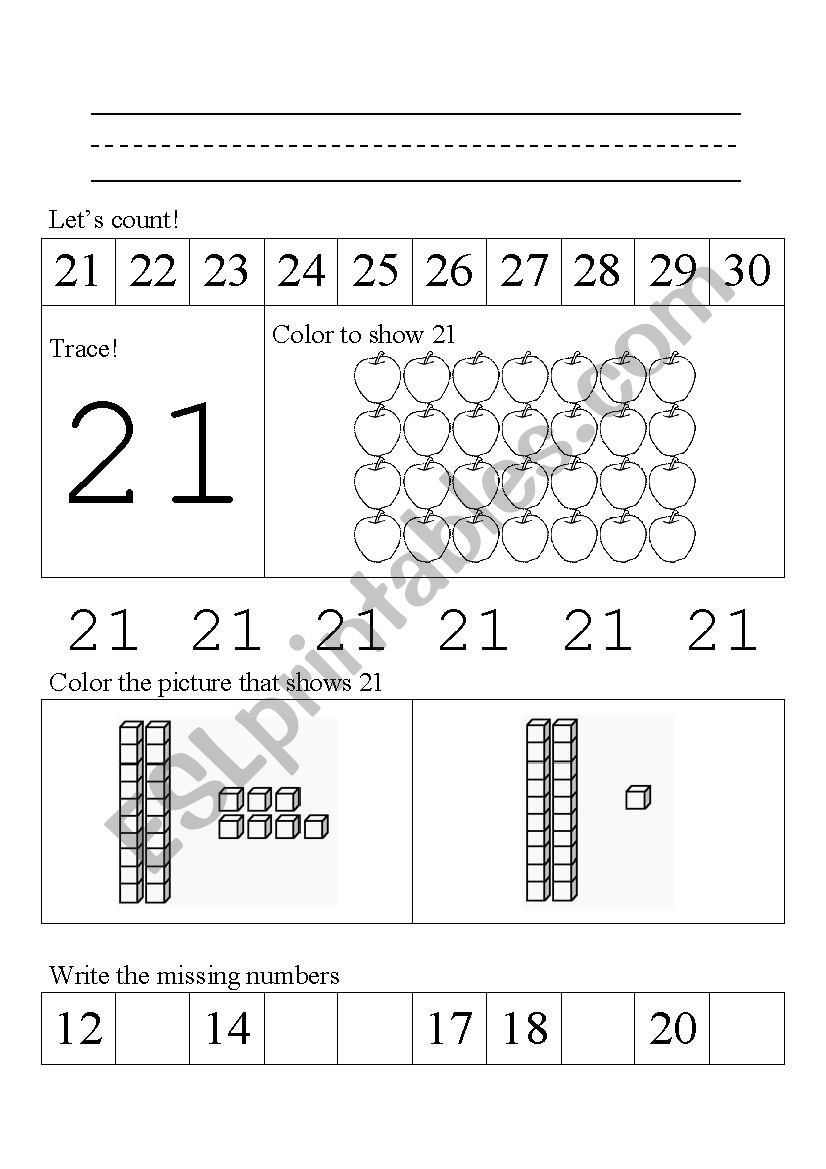 Numbers 21 to 30 Worksheets worksheet