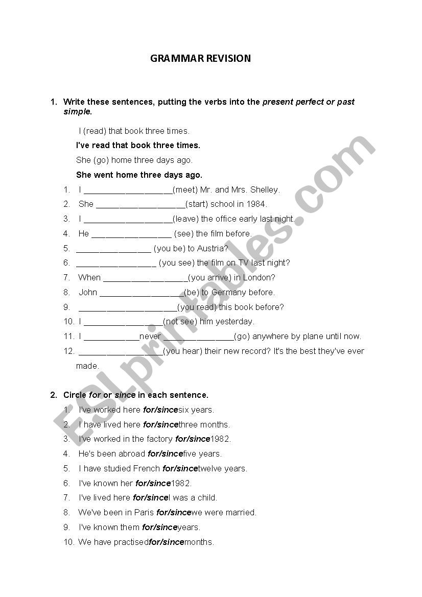 Perfect Tenses Revision worksheet