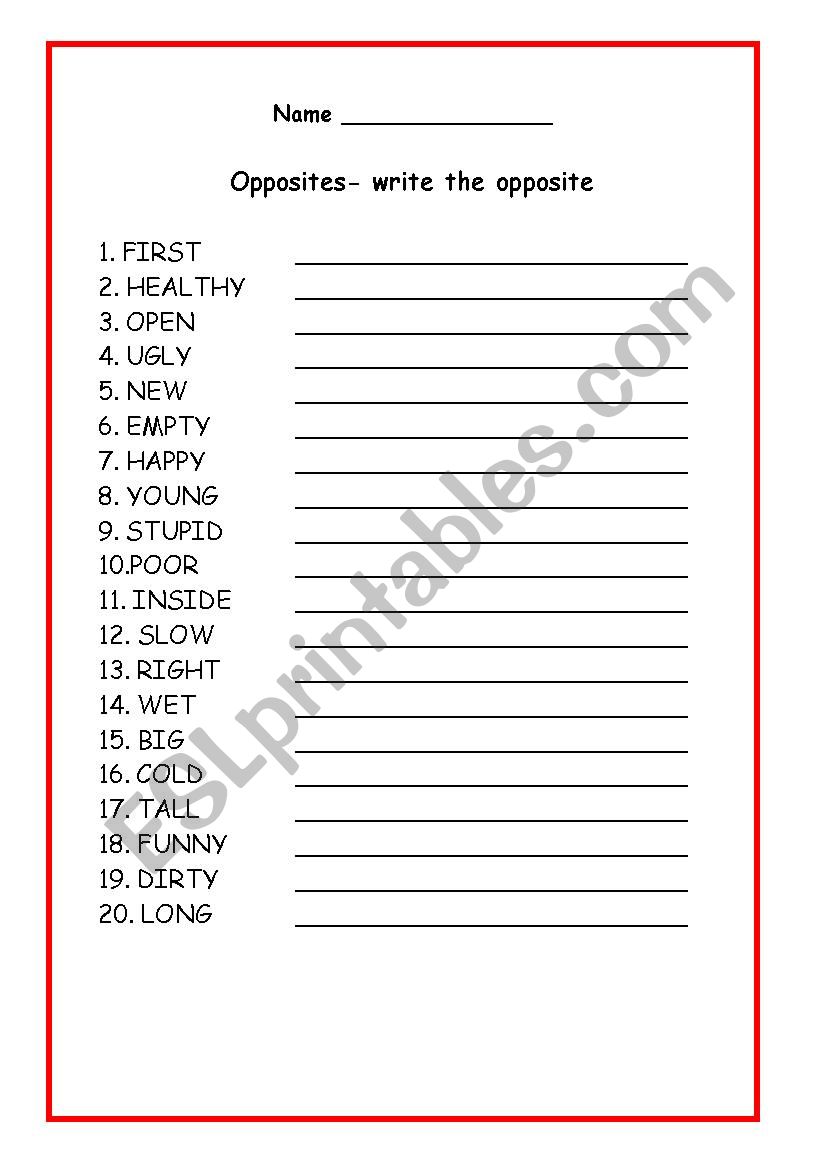 opposites worksheet