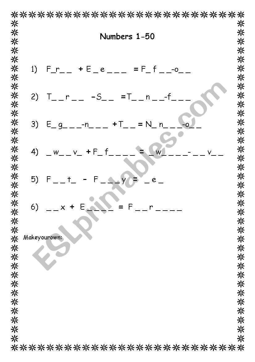 Numbers - Fill the gap sums worksheet