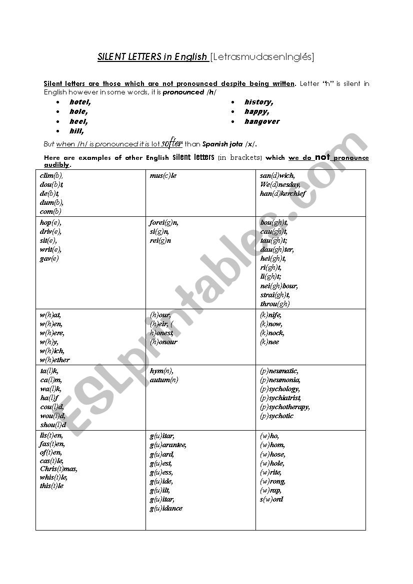 Silent Letters in English worksheet