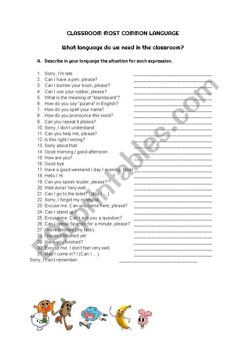 Classroom language worksheet