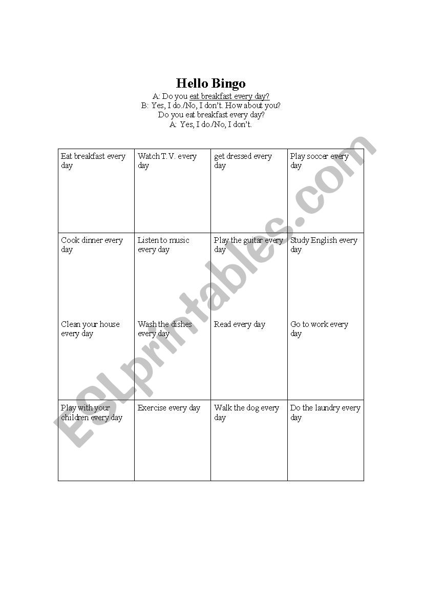 Hello Bingo Daily Routines worksheet