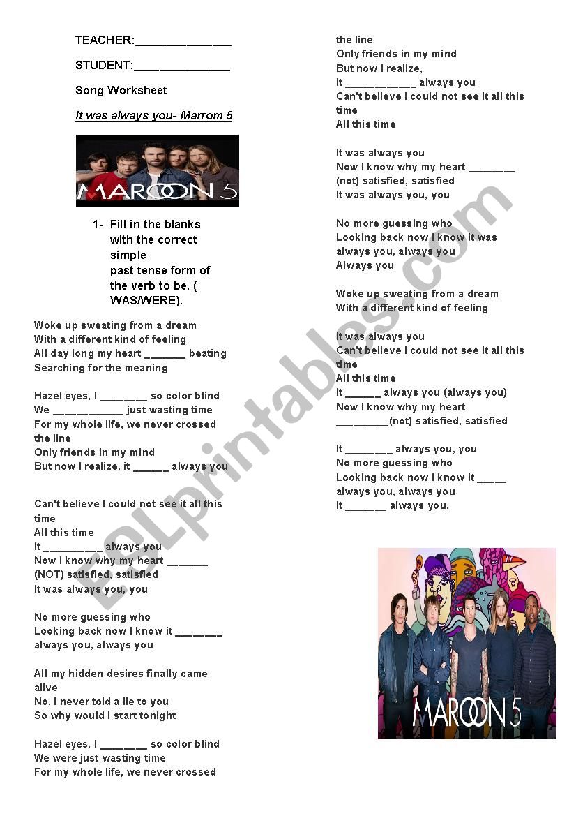it was always you - Song worksheet- Simple past Tense Verb To be