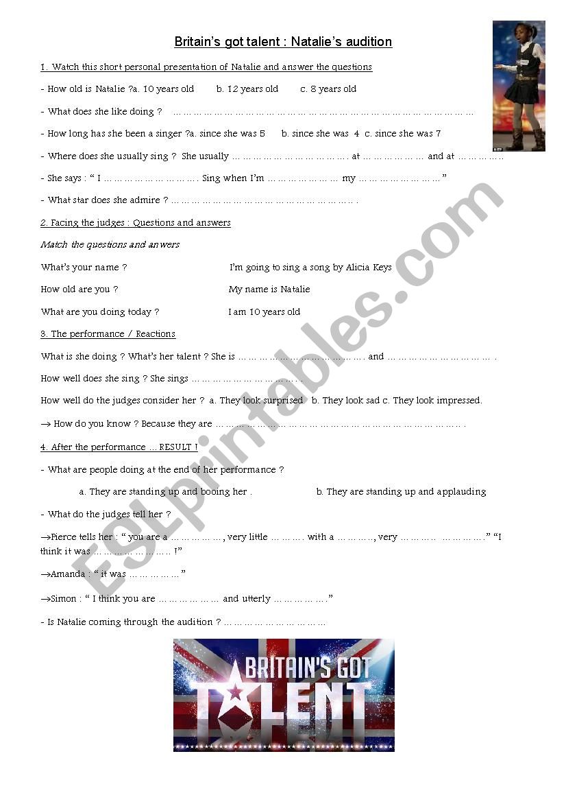 Britains got talent audition worksheet