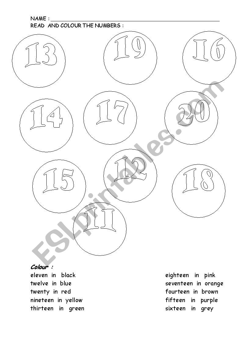 COLOUR THE NUMBERS 11-20 worksheet