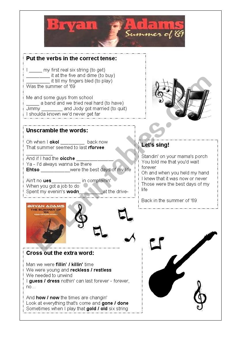 Summer of 69 by Bryan Adams worksheet