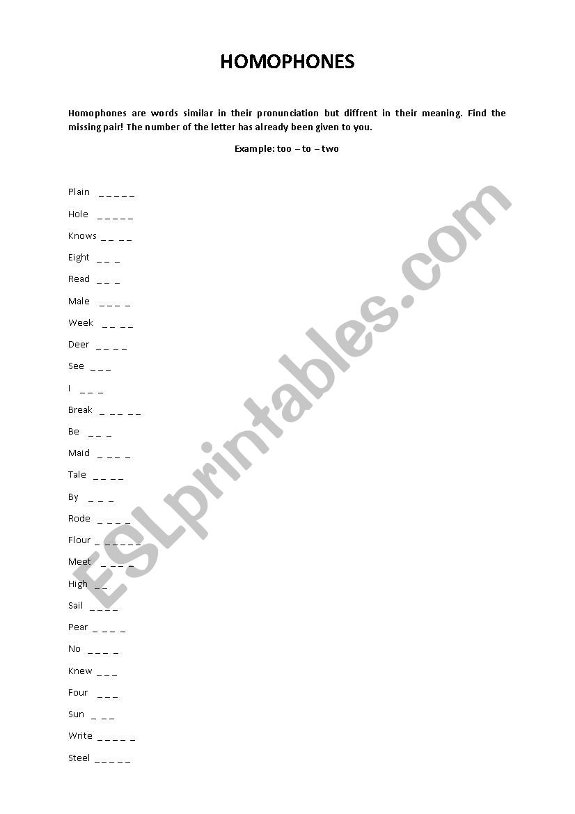 Homophones worksheet