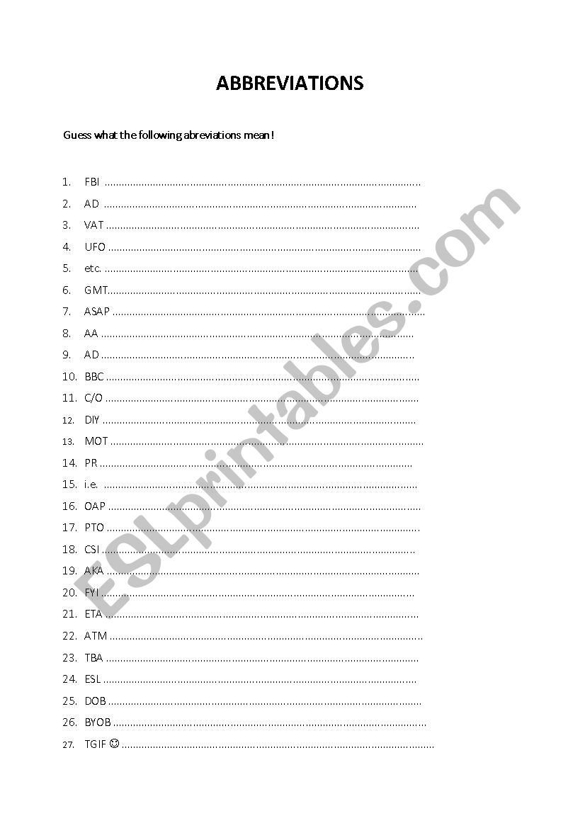 Abbreviations worksheet