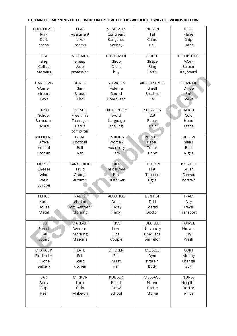 Taboo words worksheet