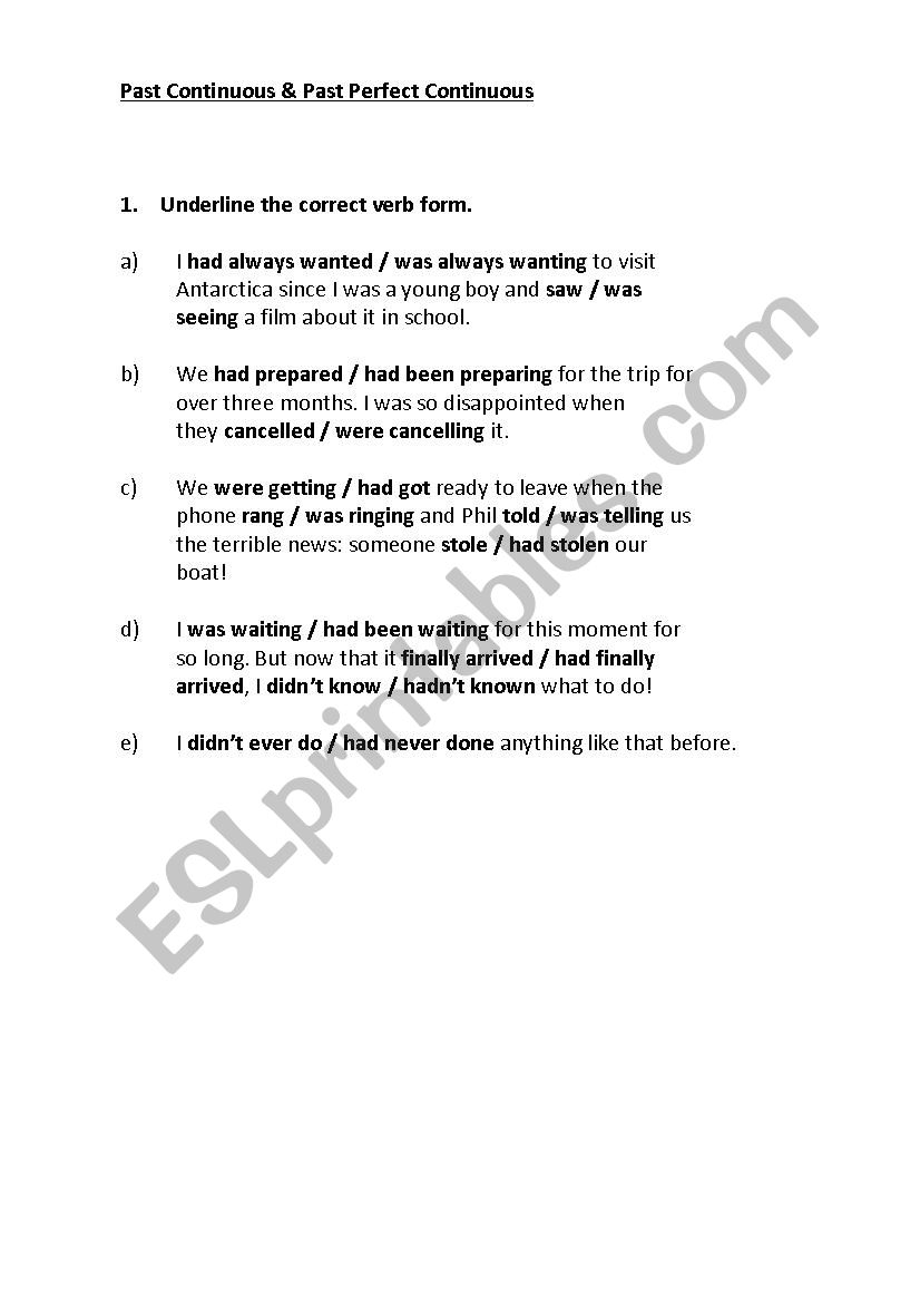 Past Continuous & Past Perfect Continuous Worksheet