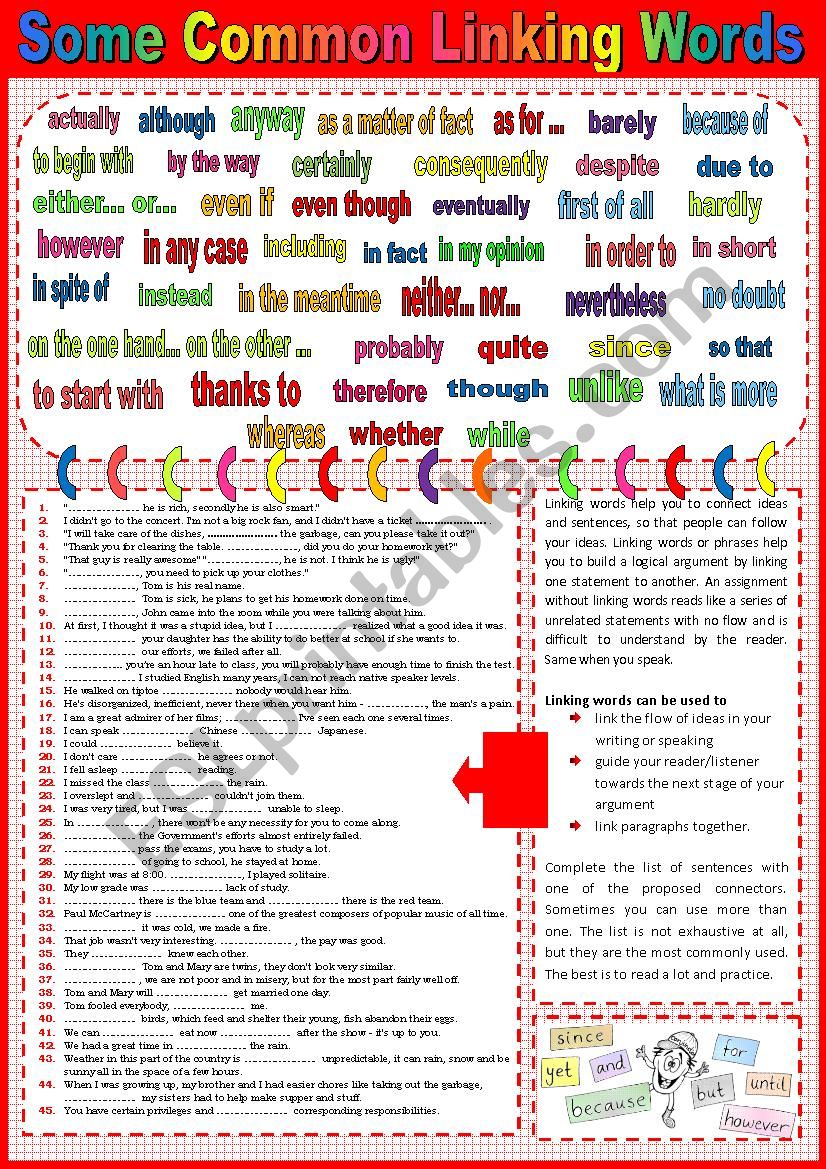 Common linking words plus sample sentences + key.