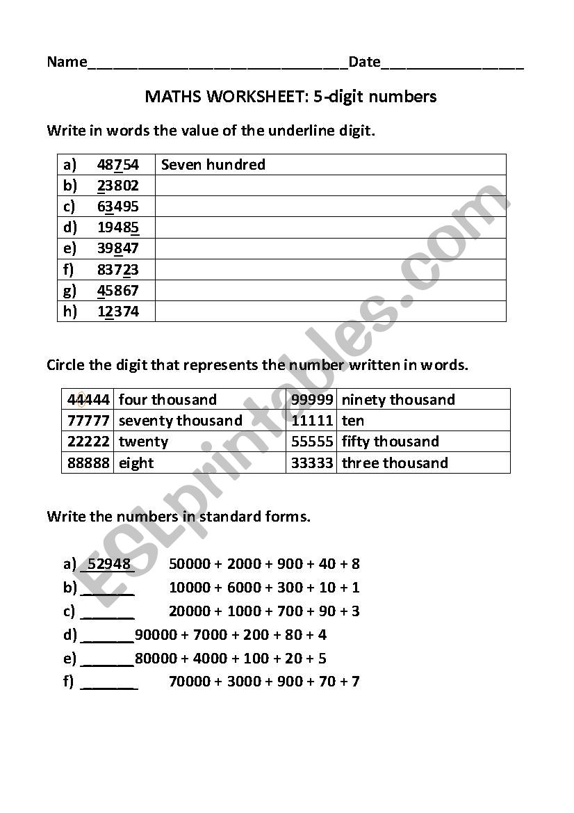 5-digit numbers worksheet