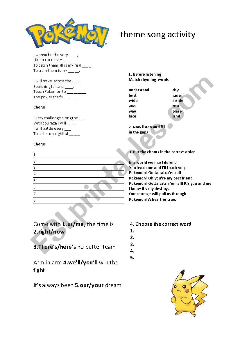 Pokemon theme song activity worksheet