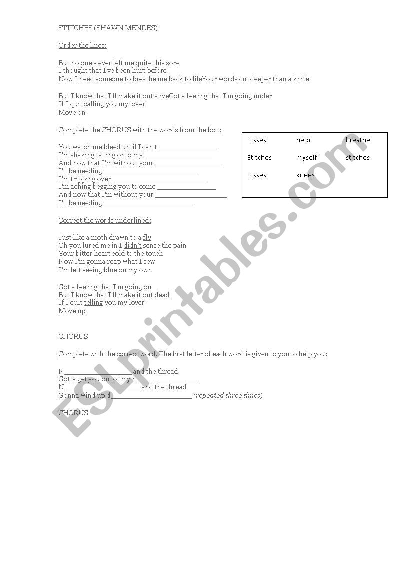 Stitches (by Shawn Mendes) worksheet
