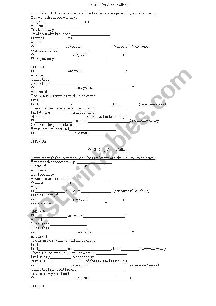 Faded (by Alan Walker) worksheet