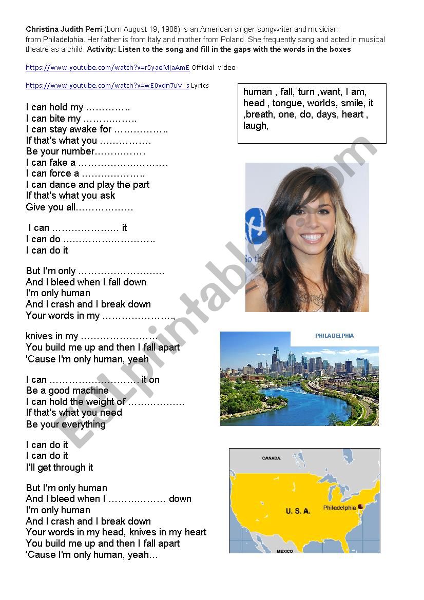 Song Human By Christina Perri Esl Worksheet By Nievesgomez