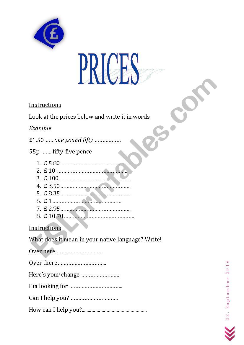 Prices worksheet