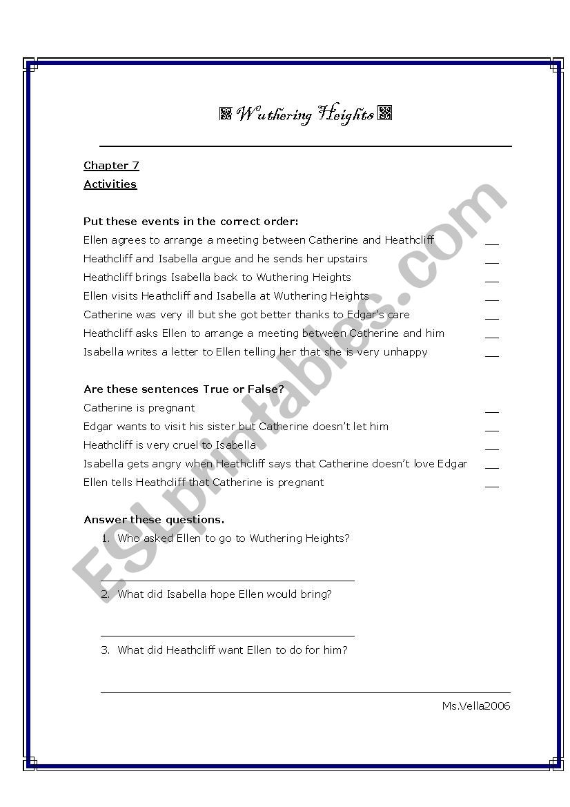 Wuthering Heights reader Chapter 7 worksheet