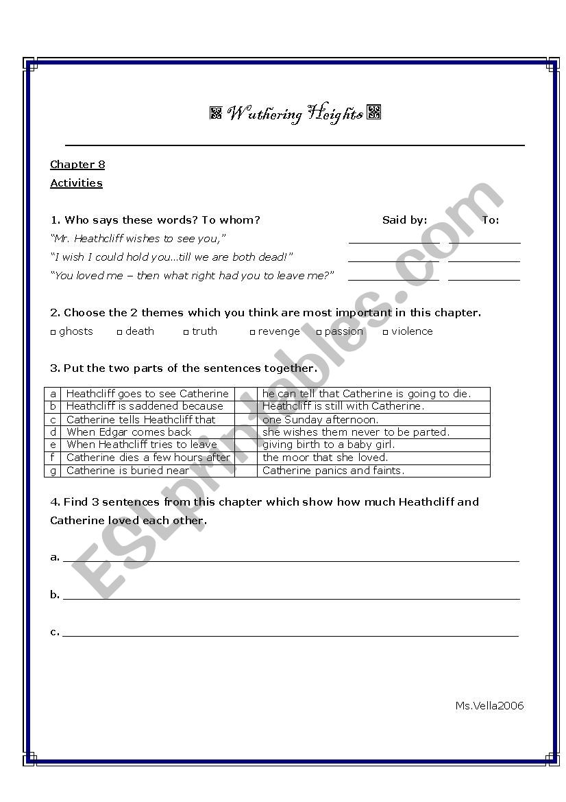 Wuthering Heights reader Chapter 8 worksheet