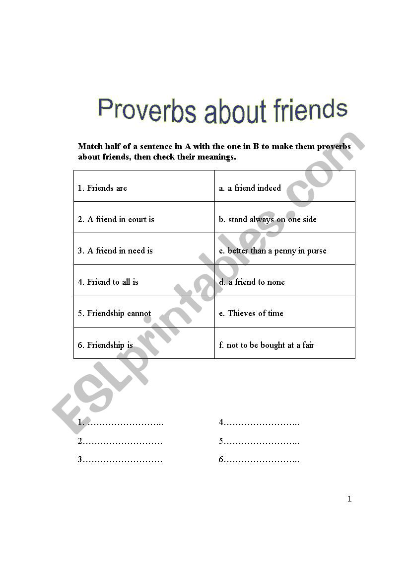 Provebs about friends worksheet