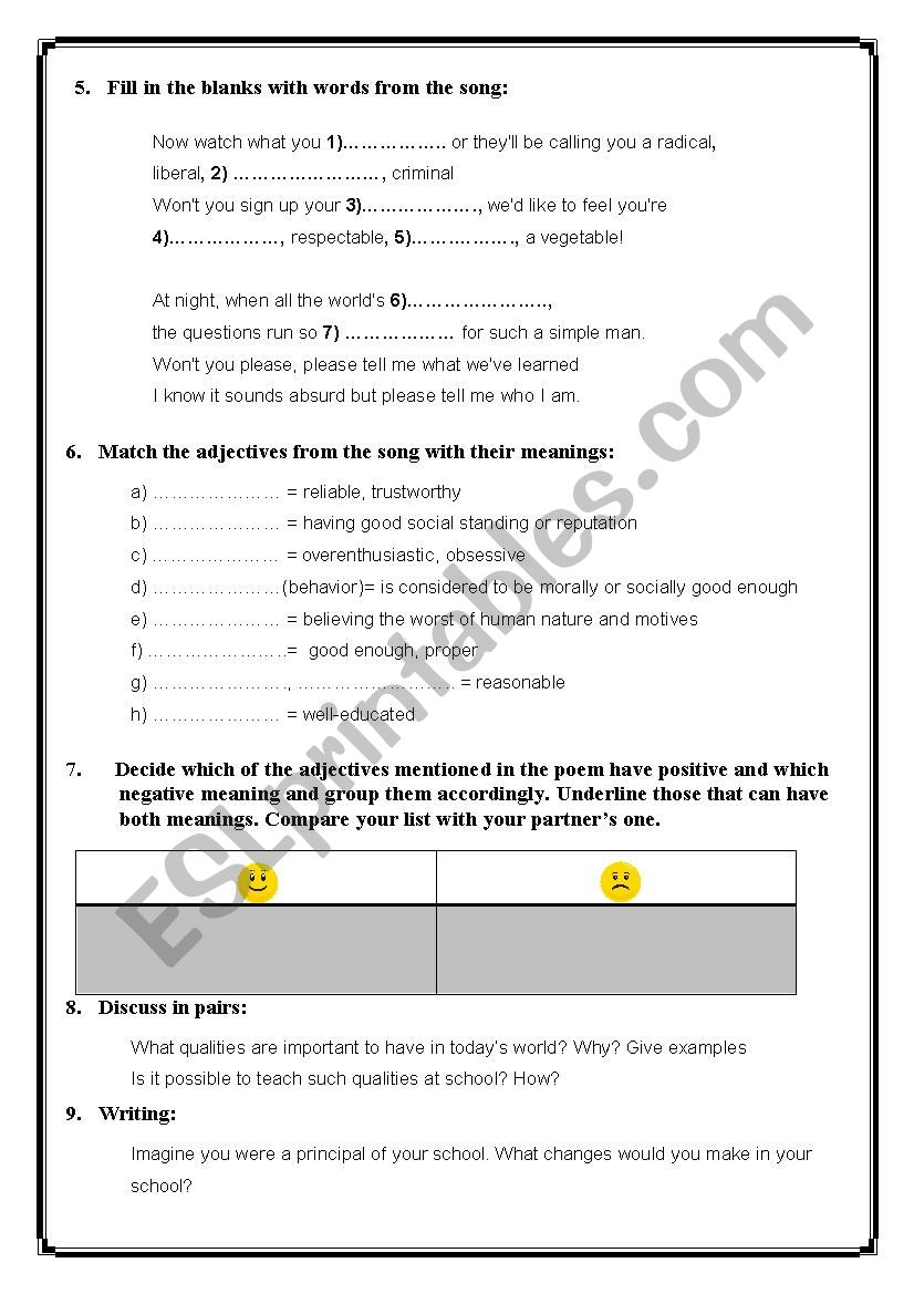 Logical song activities worksheet